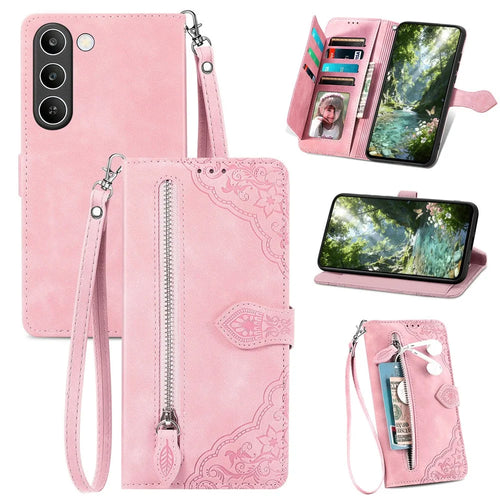 For Realme C83 5G Zipper Wallet Case with Strap Flower Imprint PU Leather Phone Cover - Pink - 1