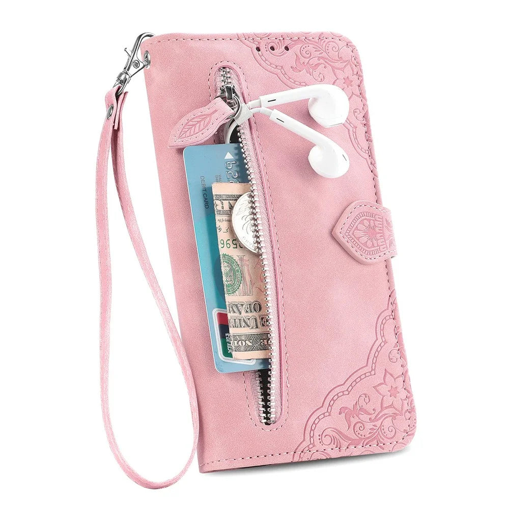 For Realme C83 5G Zipper Wallet Case with Strap Flower Imprint PU Leather Phone Cover - Pink - 5