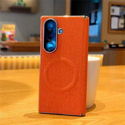 For Samsung Galaxy Z Fold7 5G Magnetic Case Dual Axis Hinge Fabric Textured Leather + PC + TPU Phone Cover - Orange - 1