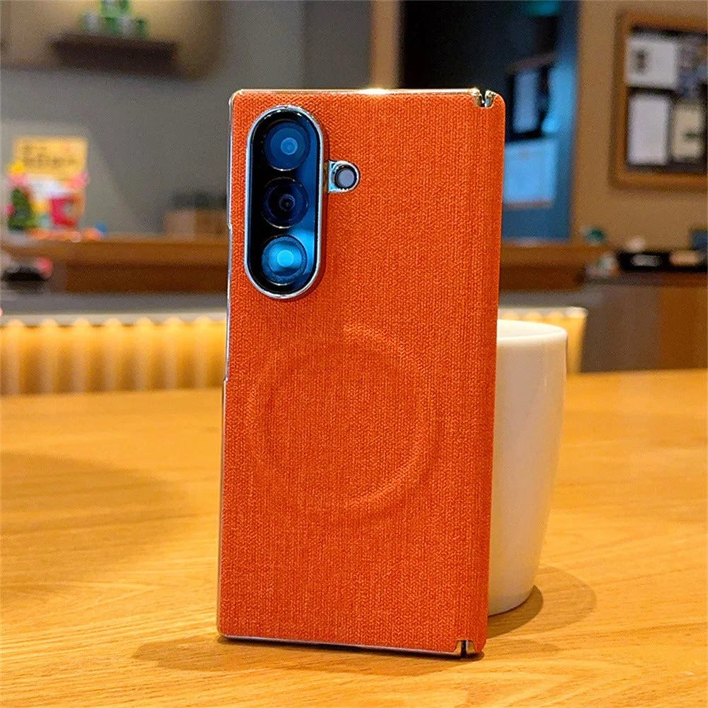 For Samsung Galaxy Z Fold7 5G Magnetic Case Dual Axis Hinge Fabric Textured Leather + PC + TPU Phone Cover - Orange - 1