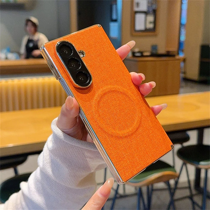 For Samsung Galaxy Z Fold7 5G Magnetic Case Dual Axis Hinge Fabric Textured Leather + PC + TPU Phone Cover - Orange - 2