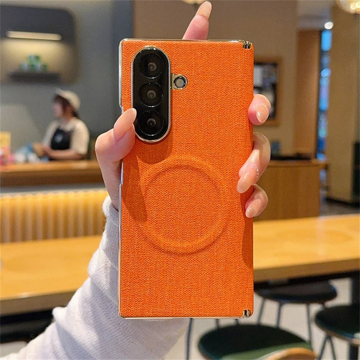 For Samsung Galaxy Z Fold7 5G Magnetic Case Dual Axis Hinge Fabric Textured Leather + PC + TPU Phone Cover - Orange - 3