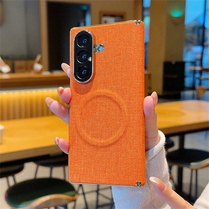 For Samsung Galaxy Z Fold7 5G Magnetic Case Dual Axis Hinge Fabric Textured Leather + PC + TPU Phone Cover - Orange - 6