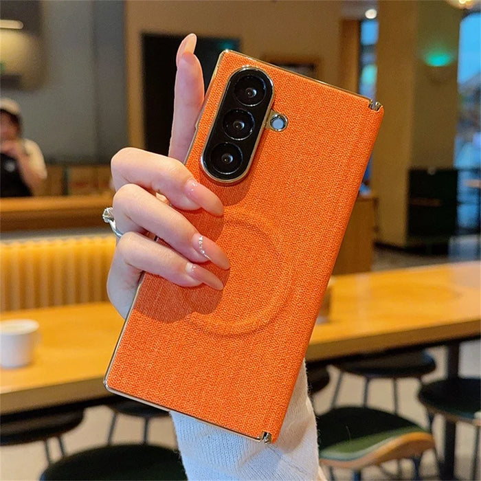 For Samsung Galaxy Z Fold8 Ultra Magnetic Case Dual Axis Hinge Fabric Textured Leather + PC + TPU Phone Cover - Orange - 7