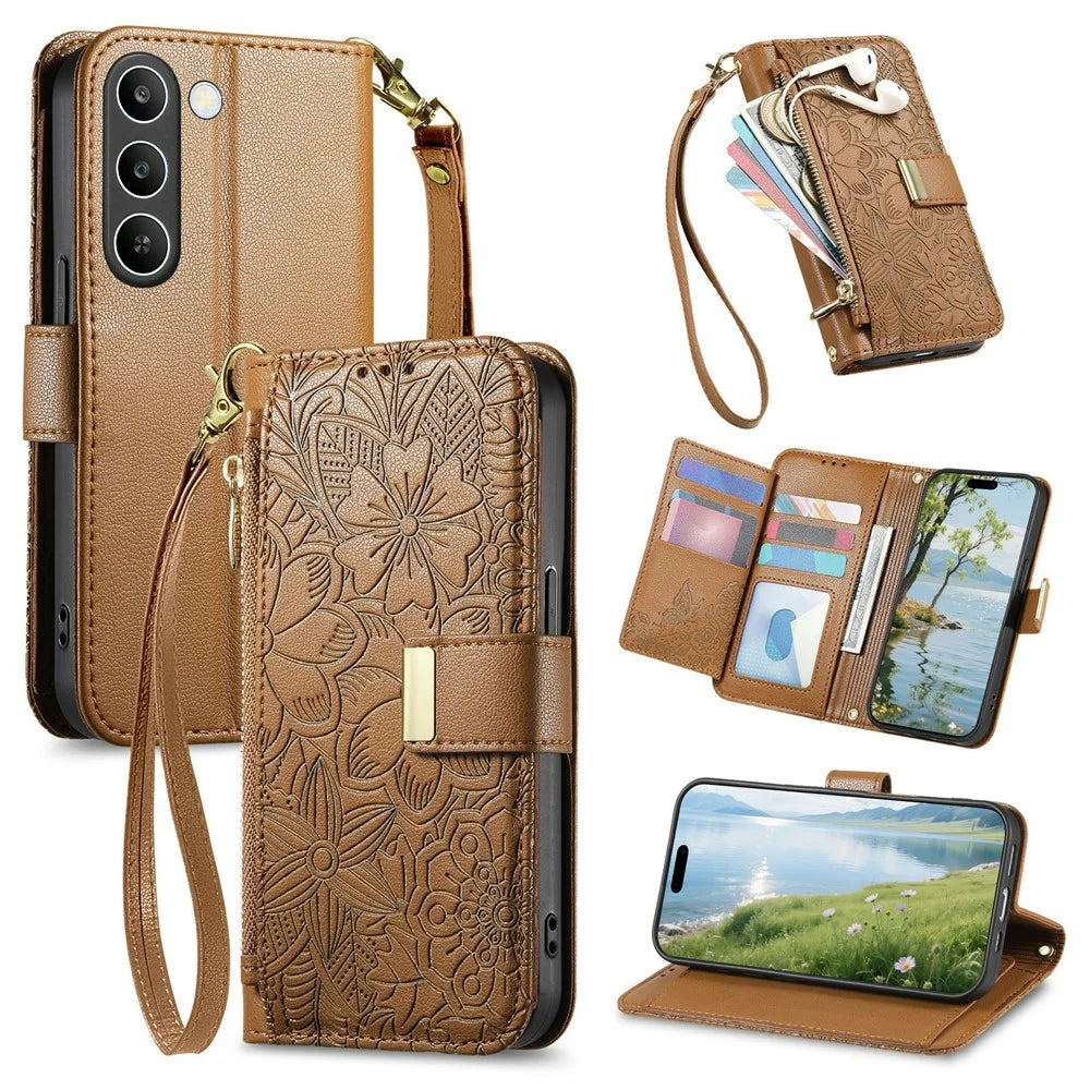 For Realme C83 5G Case Floral Leaf Pattern Multi Card Slots Zipper Leather Phone Cover with Wrist Strap - Brown - 1