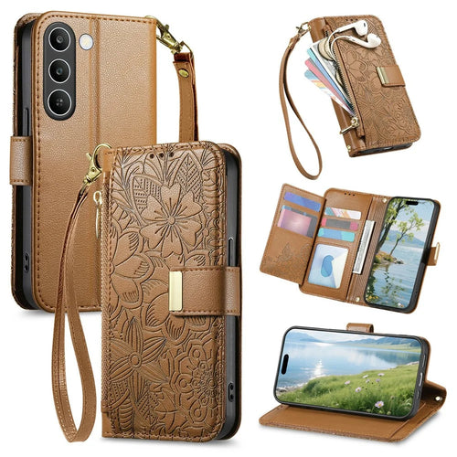 For Realme C83 5G Case Floral Leaf Pattern Multi Card Slots Zipper Leather Phone Cover with Wrist Strap - Brown - 1
