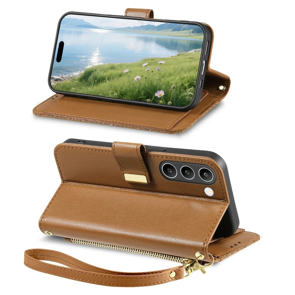 For Realme C83 5G Case Floral Leaf Pattern Multi Card Slots Zipper Leather Phone Cover with Wrist Strap - Brown - 3