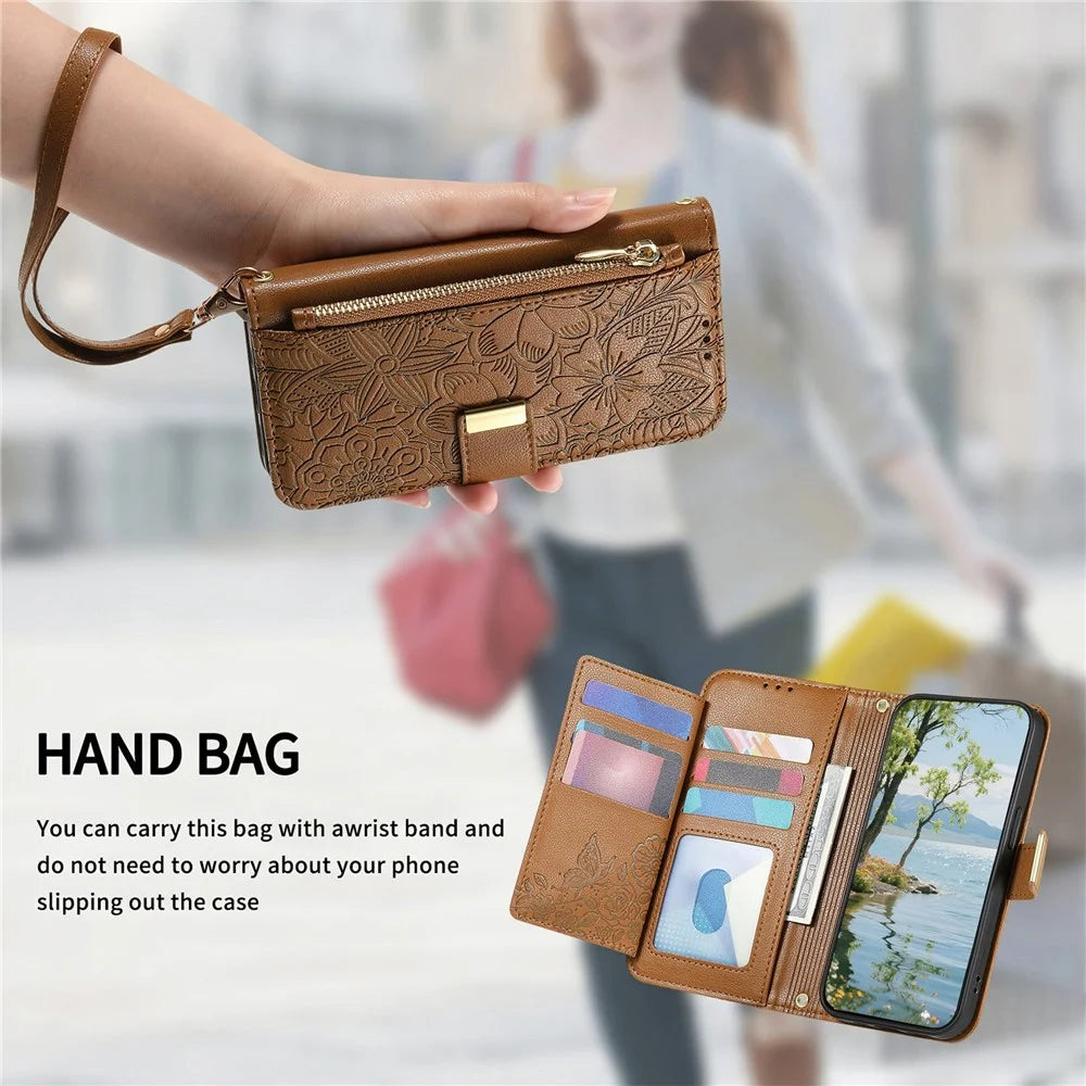 For Realme C83 5G Case Floral Leaf Pattern Multi Card Slots Zipper Leather Phone Cover with Wrist Strap - Brown - 4