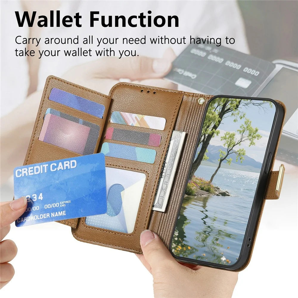For Realme C83 5G Case Floral Leaf Pattern Multi Card Slots Zipper Leather Phone Cover with Wrist Strap - Brown - 7