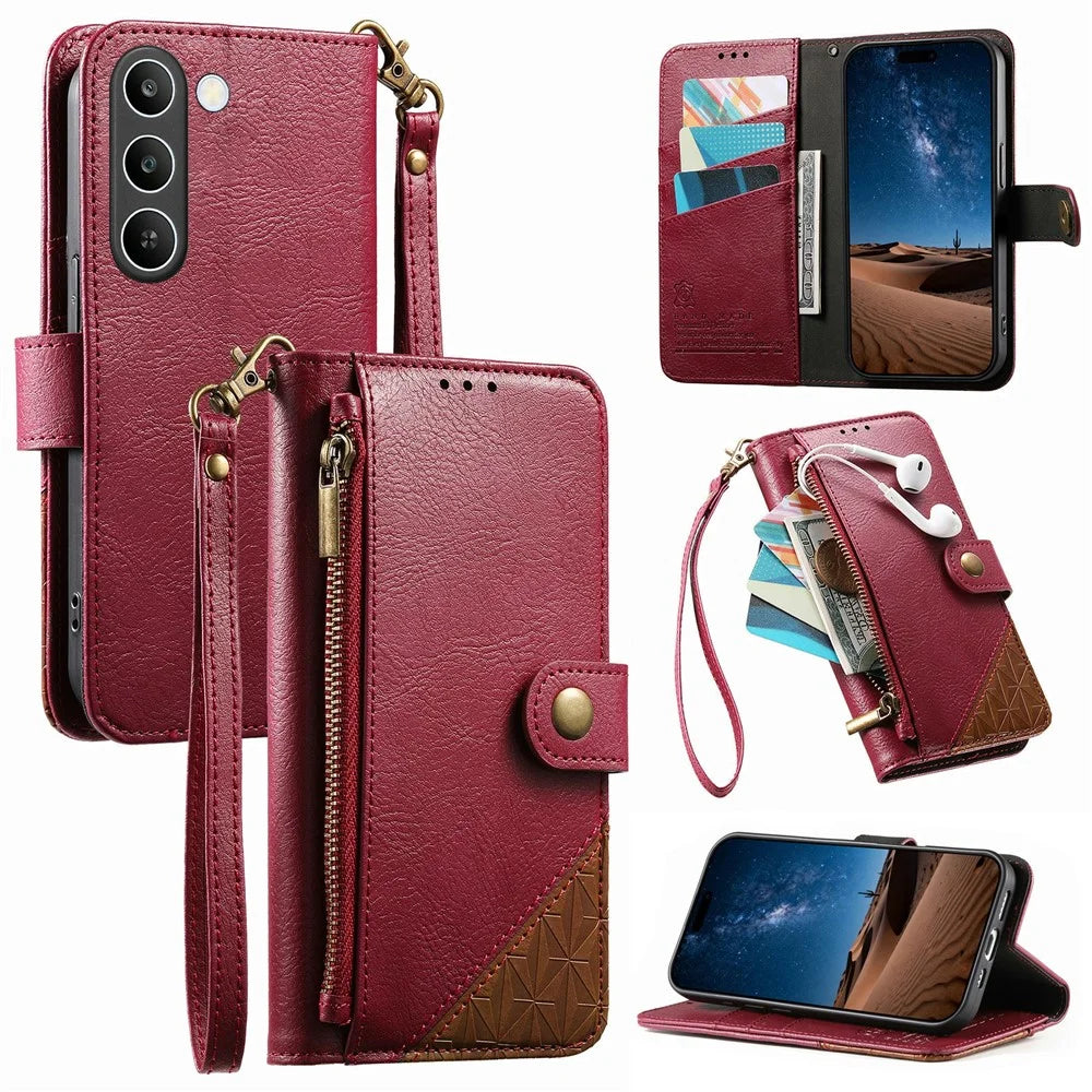For Realme C83 5G Case Color Splicing TPU PU Leather Flip Shockproof Phone Cover with Wrist Strap - Red - 1