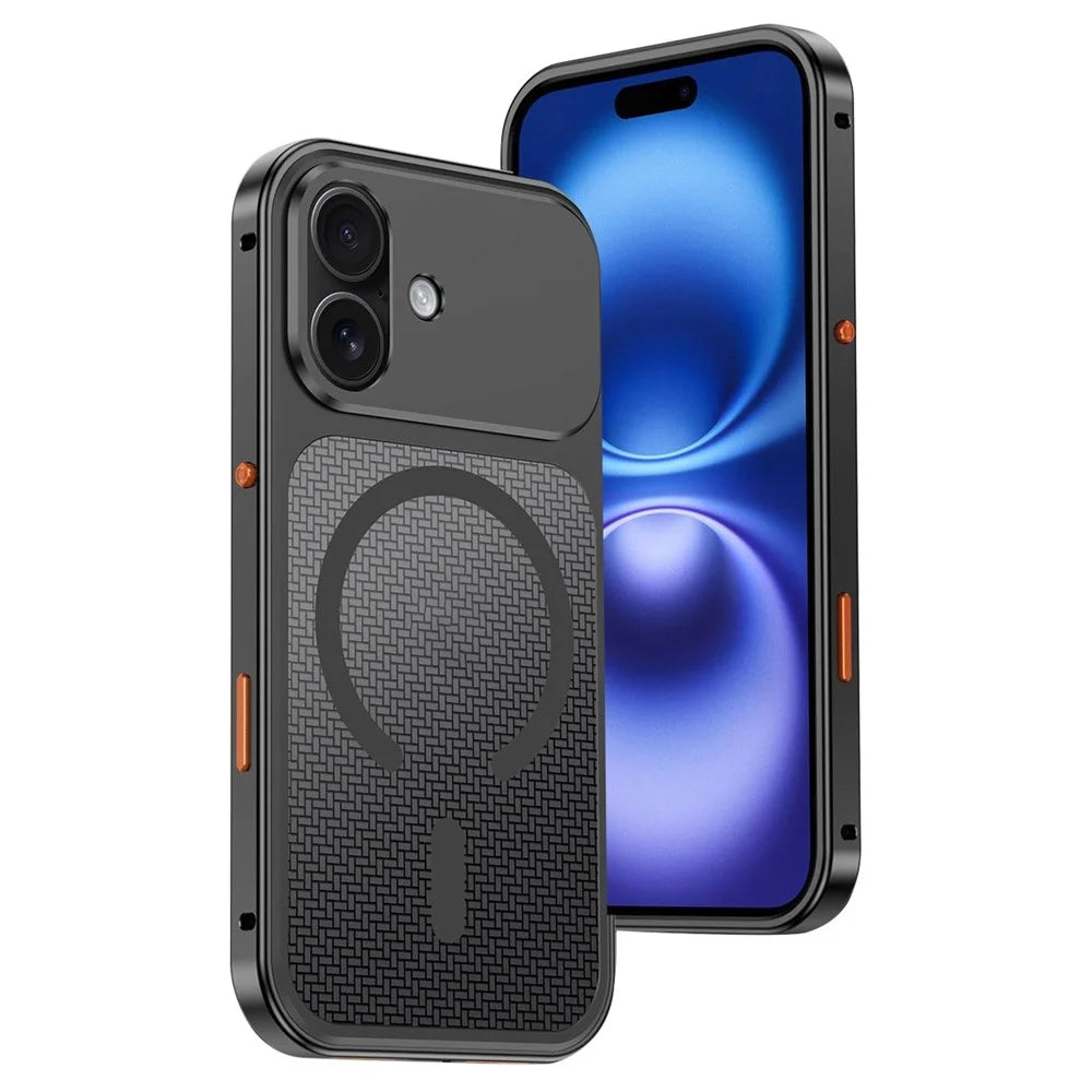 For iPhone 16 Magnetic Case Heat Dissipation Snap-On Metal + PC Phone Cover - Titanium Black - 1