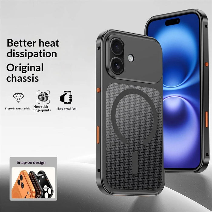 For iPhone 16 Magnetic Case Heat Dissipation Snap-On Metal + PC Phone Cover - Titanium Black - 2