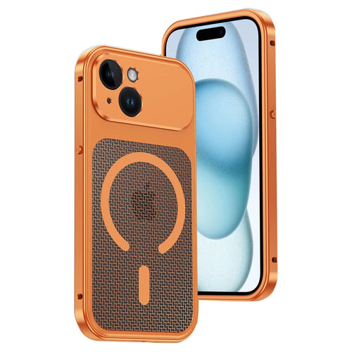 For iPhone 15 Magnetic Case Heat Dissipation Snap-On Metal + PC Phone Cover - Titanium Orange - 1