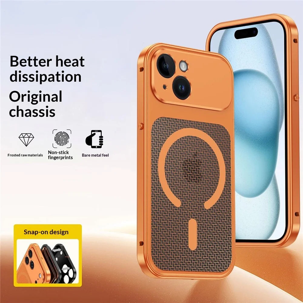 For iPhone 15 Magnetic Case Heat Dissipation Snap-On Metal + PC Phone Cover - Titanium Orange - 2