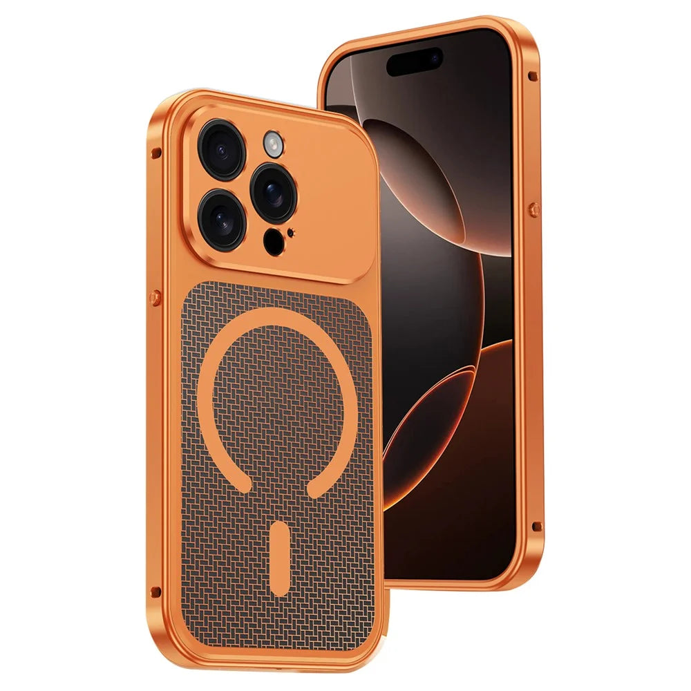 For iPhone 15 Pro Magnetic Case Heat Dissipation Snap-On Metal + PC Phone Cover - Titanium Orange - 1