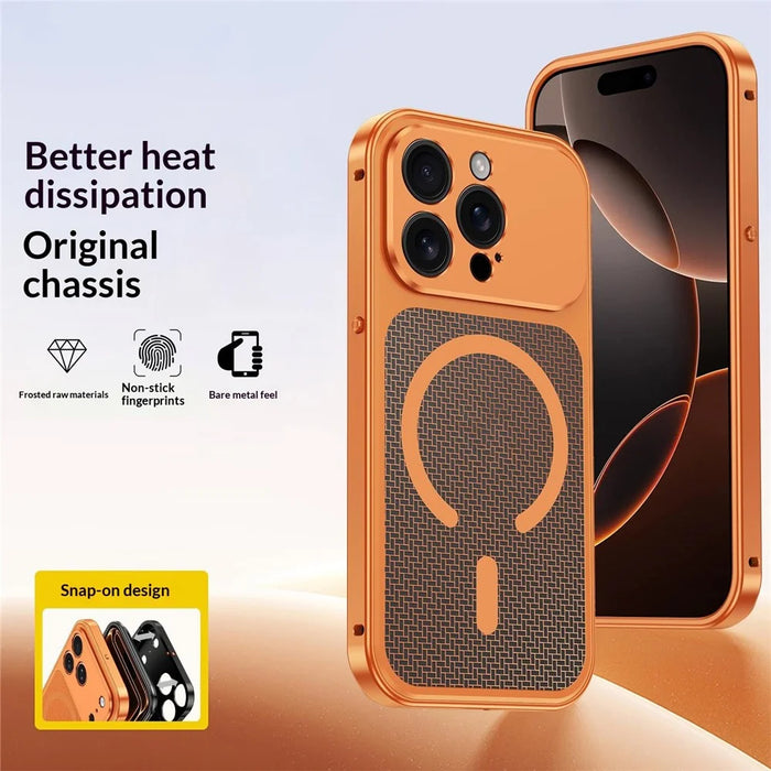For iPhone 15 Pro Magnetic Case Heat Dissipation Snap-On Metal + PC Phone Cover - Titanium Orange - 2