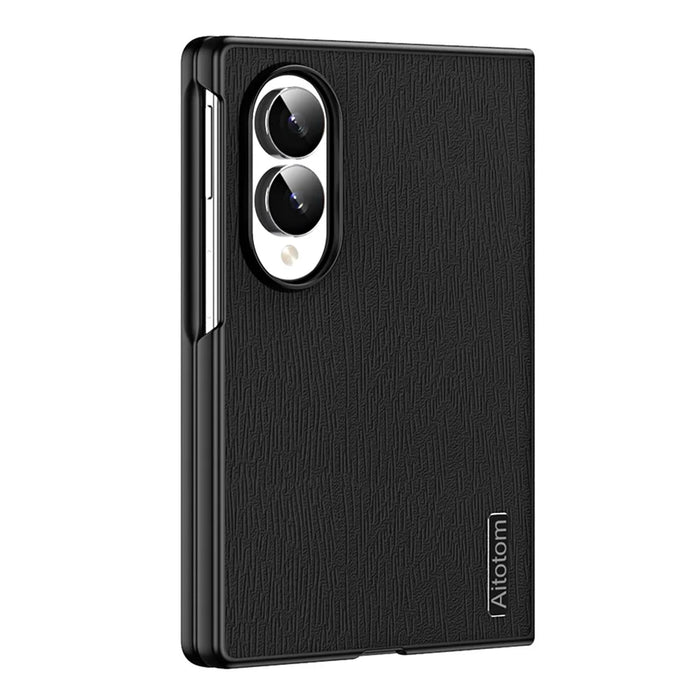 For Samsung Galaxy Z Fold8 Case Wood Texture PU Leather Coated PC TPU Phone Cover - Black - 1