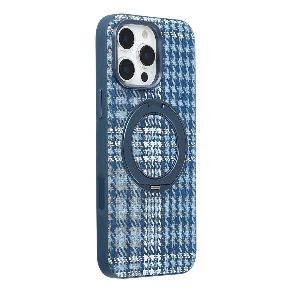 For iPhone 16 Pro Max Case with Rotating Magnetic Kickstand Houndstooth Fabric + PC + TPU Phone Cover - Blue - 1