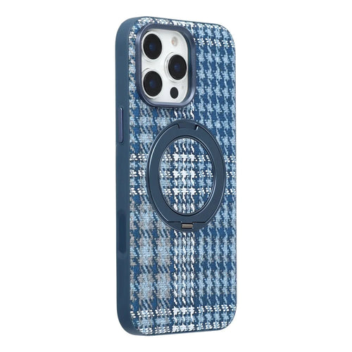For iPhone 16 Pro Max Case with Rotating Magnetic Kickstand Houndstooth Fabric + PC + TPU Phone Cover - Blue - 1