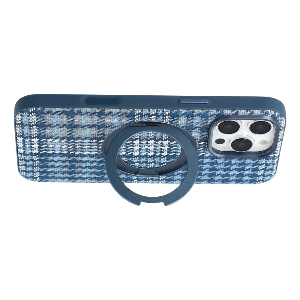 For iPhone 16 Pro Max Case with Rotating Magnetic Kickstand Houndstooth Fabric + PC + TPU Phone Cover - Blue - 3