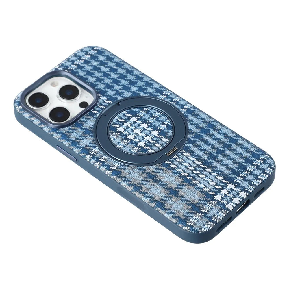 For iPhone 16 Pro Max Case with Rotating Magnetic Kickstand Houndstooth Fabric + PC + TPU Phone Cover - Blue - 4