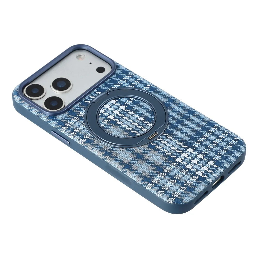 For iPhone 18 Pro Max / 17 Pro Max Case with Rotating Magnetic Kickstand Houndstooth Fabric + PC + TPU Phone Cover - Blue - 4