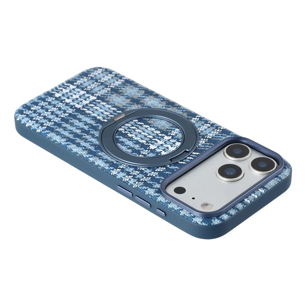 For iPhone 18 Pro Max / 17 Pro Max Case with Rotating Magnetic Kickstand Houndstooth Fabric + PC + TPU Phone Cover - Blue - 5