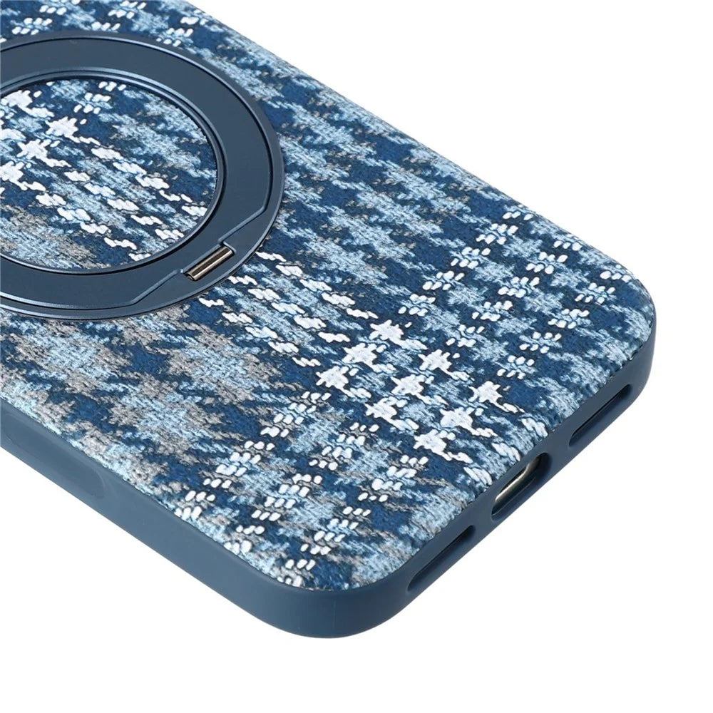 For iPhone 18 Pro Max / 17 Pro Max Case with Rotating Magnetic Kickstand Houndstooth Fabric + PC + TPU Phone Cover - Blue - 6