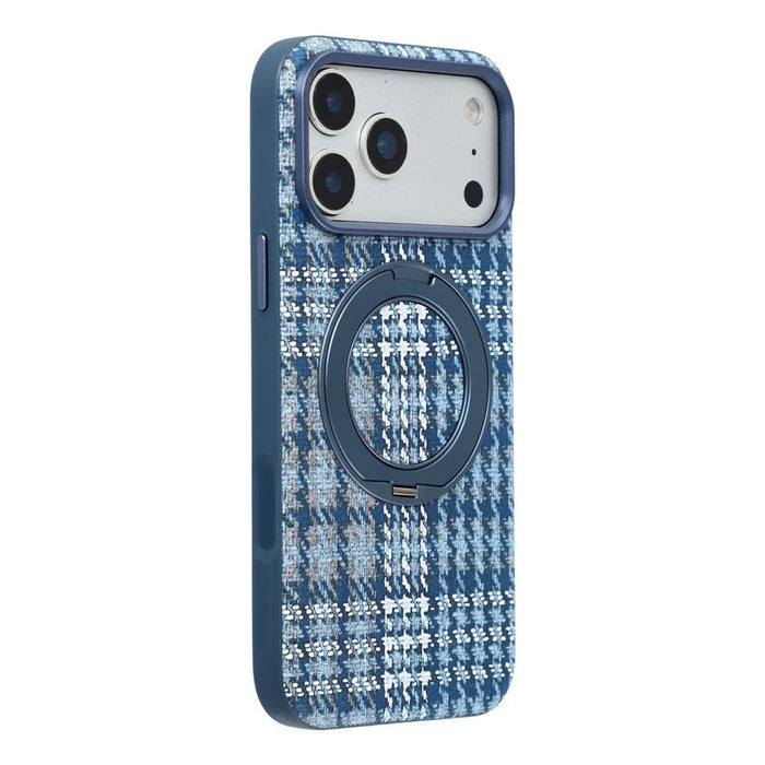 For iPhone 18 Pro / 17 Pro Case with Rotating Magnetic Kickstand Houndstooth Fabric + PC + TPU Phone Cover - Blue - 1