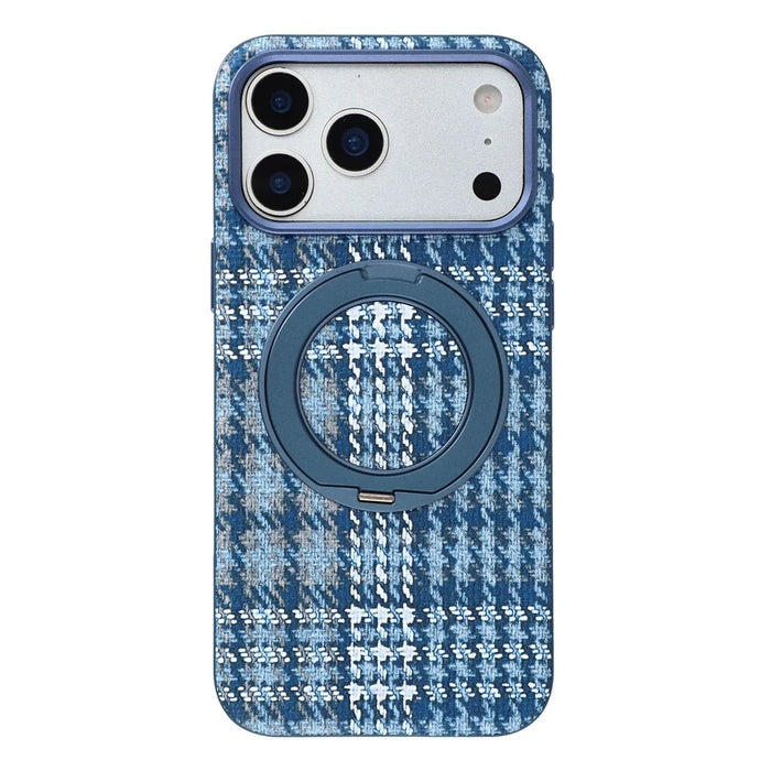 For iPhone 18 Pro / 17 Pro Case with Rotating Magnetic Kickstand Houndstooth Fabric + PC + TPU Phone Cover - Blue - 2
