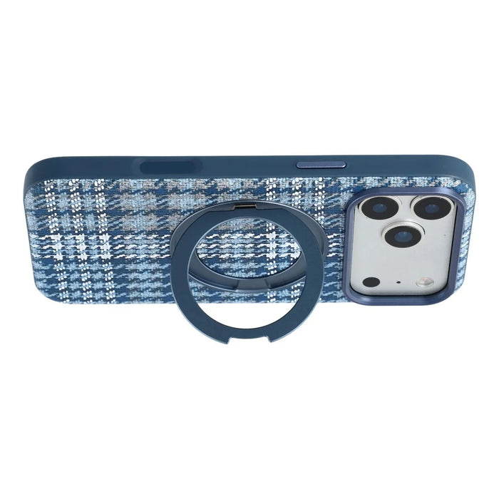 For iPhone 18 Pro / 17 Pro Case with Rotating Magnetic Kickstand Houndstooth Fabric + PC + TPU Phone Cover - Blue - 3