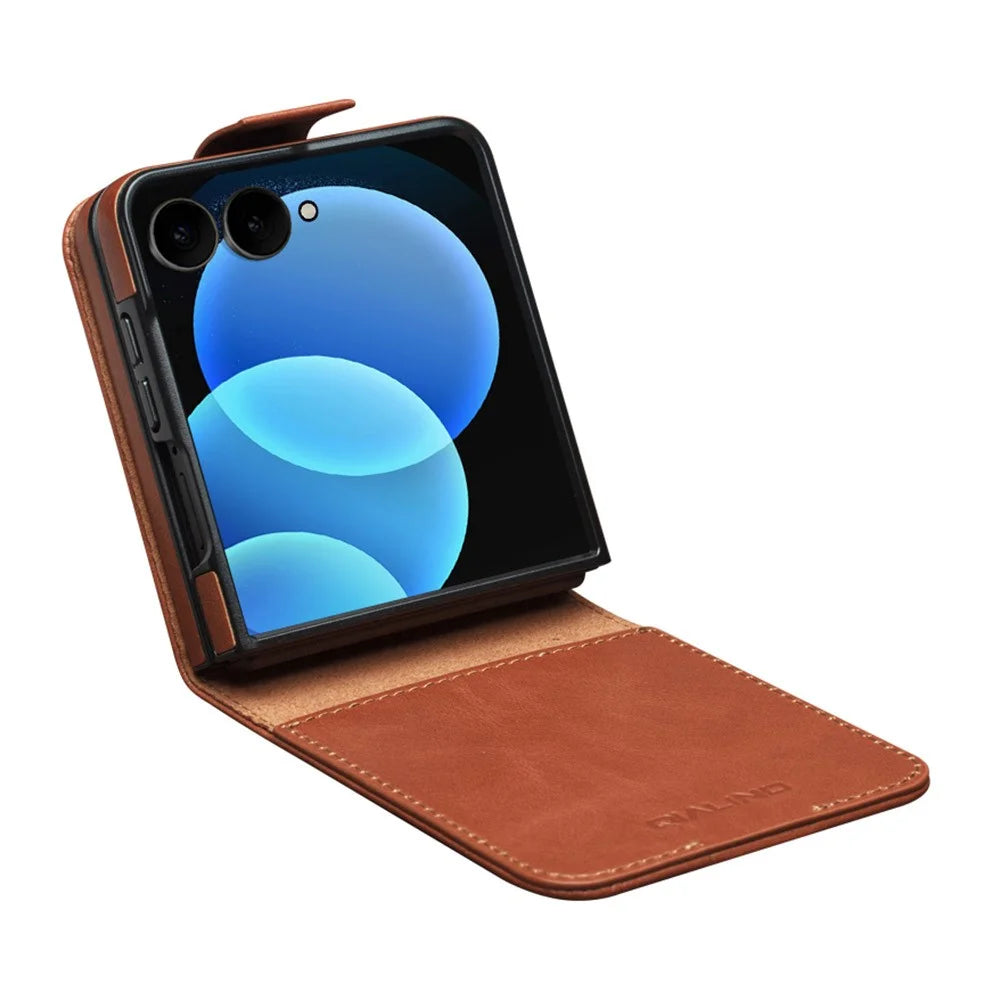 QIALINO for Samsung Galaxy Z Fold8 Ultra Case Oil-Waxed Genuine Cow Leather Flip Card Slot Phone Cover - Light Brown - 3