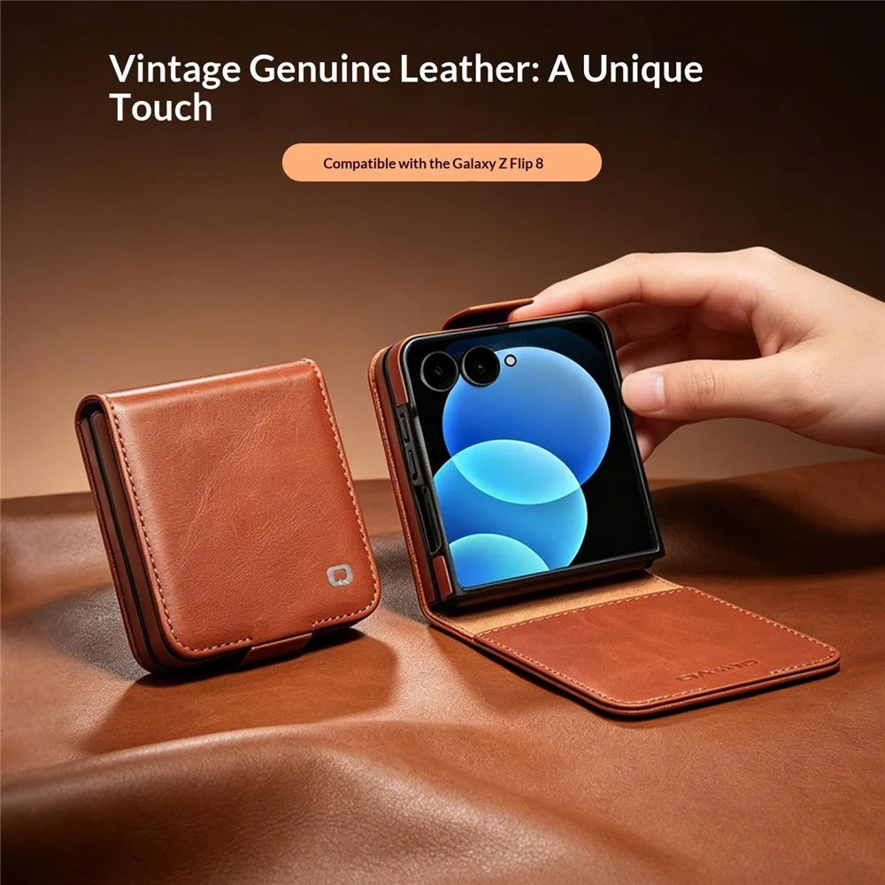 QIALINO for Samsung Galaxy Z Fold8 Ultra Case Oil-Waxed Genuine Cow Leather Flip Card Slot Phone Cover - Light Brown - 6