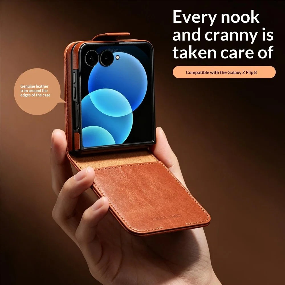 QIALINO for Samsung Galaxy Z Fold8 Ultra Case Oil-Waxed Genuine Cow Leather Flip Card Slot Phone Cover - Light Brown - 7