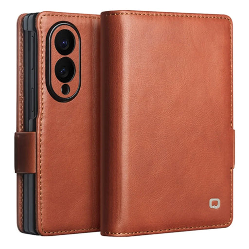 QIALINO for Samsung Galaxy Z Fold8 Case Oil-Waxed Genuine Cow Leather Flip Stand Wallet Phone Cover - Light Brown - 1