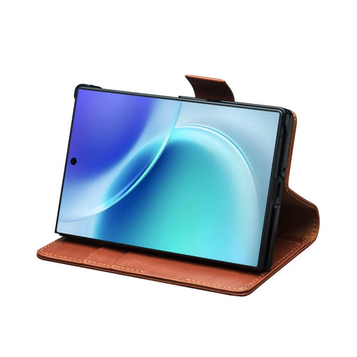 QIALINO for Samsung Galaxy Z Fold8 Case Oil-Waxed Genuine Cow Leather Flip Stand Wallet Phone Cover - Light Brown - 2