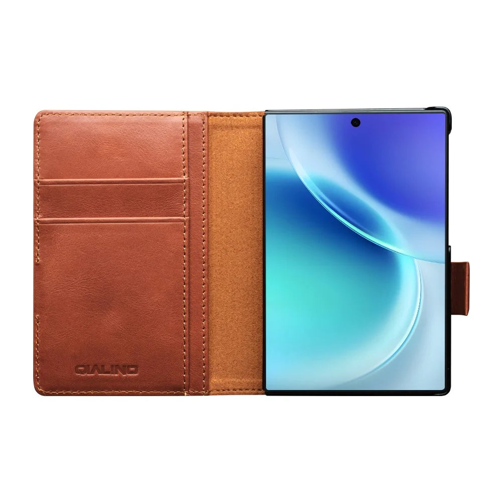 QIALINO for Samsung Galaxy Z Fold8 Case Oil-Waxed Genuine Cow Leather Flip Stand Wallet Phone Cover - Light Brown - 3
