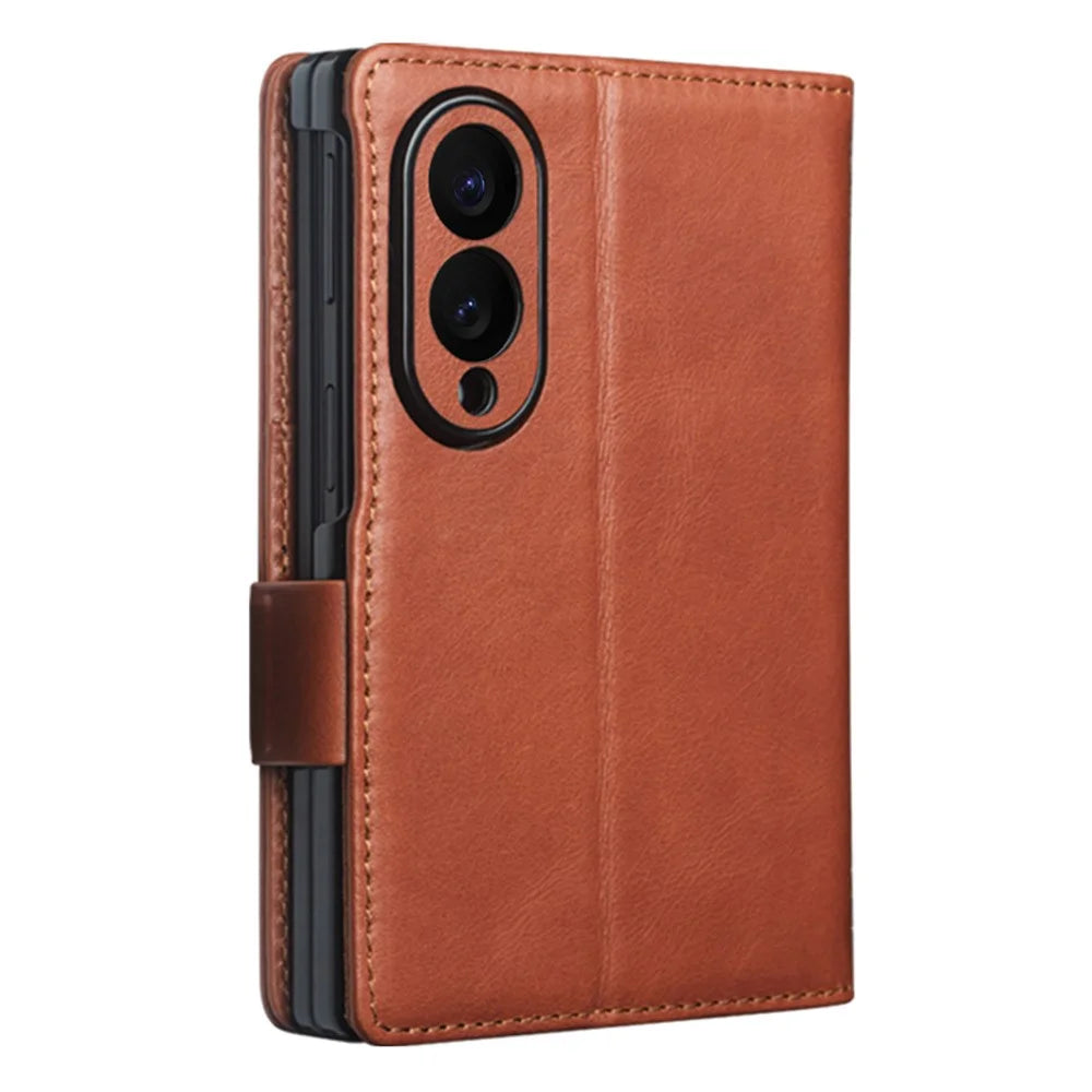 QIALINO for Samsung Galaxy Z Fold8 Case Oil-Waxed Genuine Cow Leather Flip Stand Wallet Phone Cover - Light Brown - 5