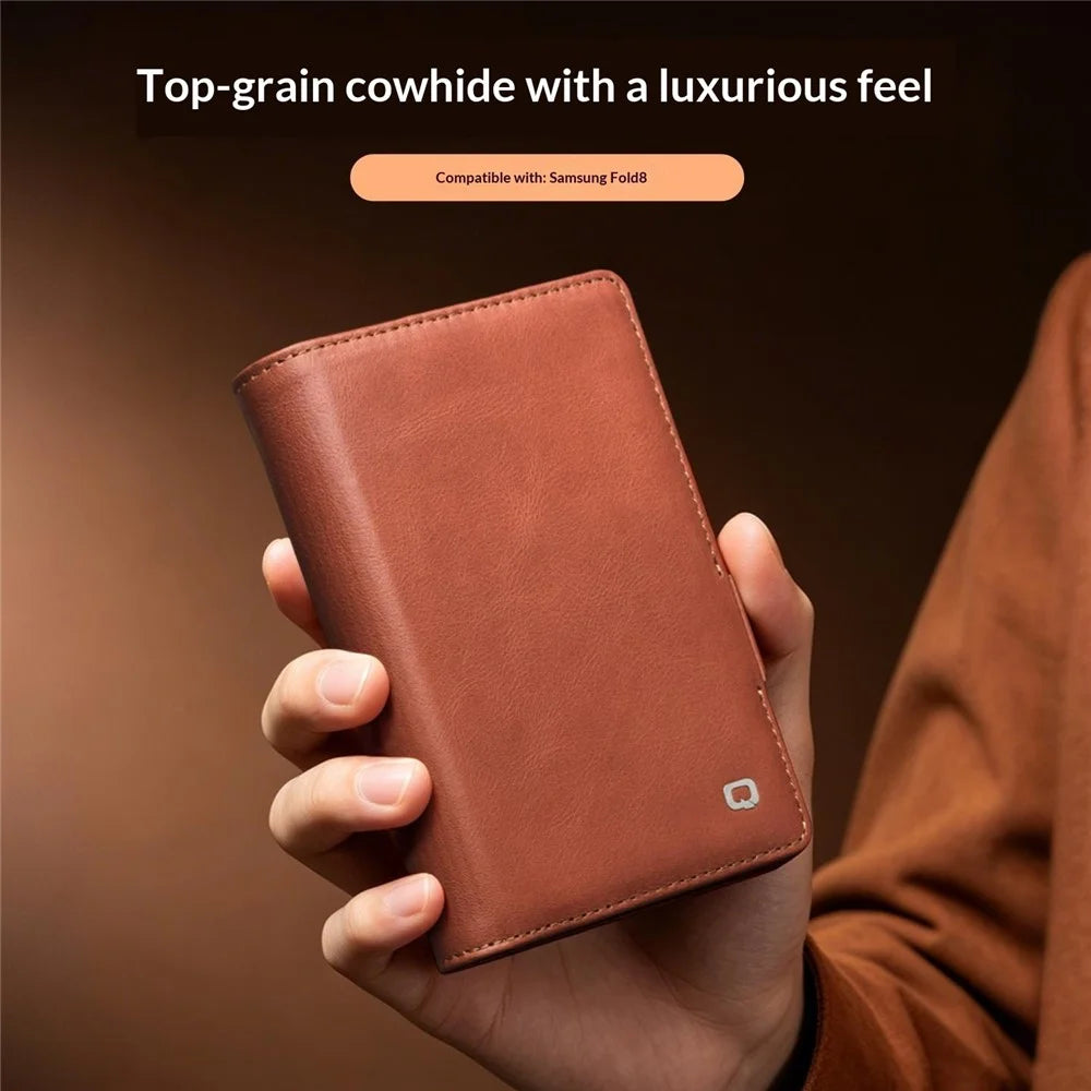 QIALINO for Samsung Galaxy Z Fold8 Case Oil-Waxed Genuine Cow Leather Flip Stand Wallet Phone Cover - Light Brown - 6