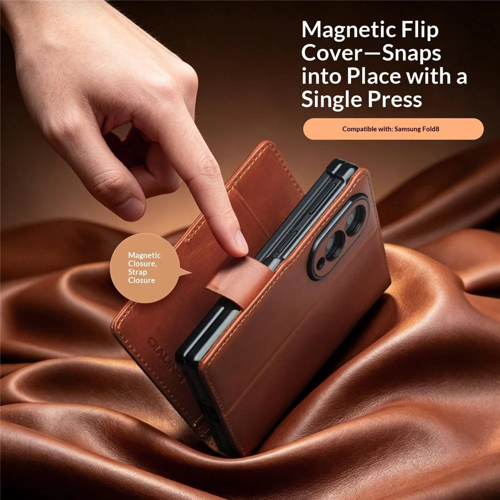 QIALINO for Samsung Galaxy Z Fold8 Case Oil-Waxed Genuine Cow Leather Flip Stand Wallet Phone Cover - Light Brown - 7