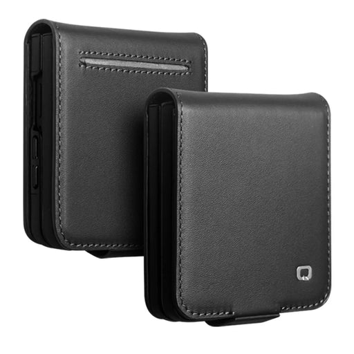 QIALINO For Samsung Galaxy Z Flip8 Case Card Holder Genuine Cow Leather Flip Phone Cover - Black - 1