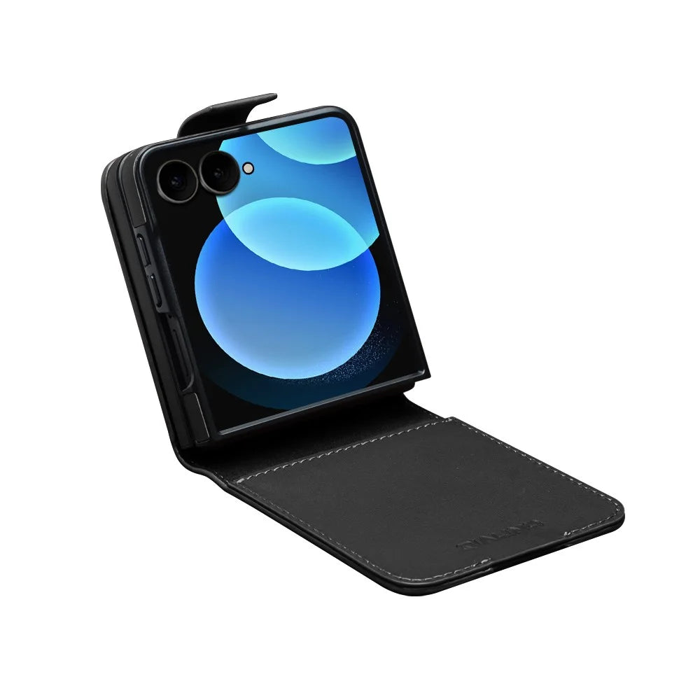 QIALINO For Samsung Galaxy Z Flip8 Case Card Holder Genuine Cow Leather Flip Phone Cover - Black - 3