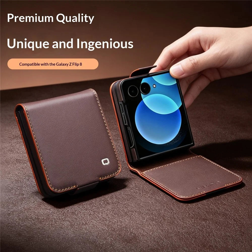 QIALINO For Samsung Galaxy Z Flip8 Case Card Holder Genuine Cow Leather Flip Phone Cover - Black - 6