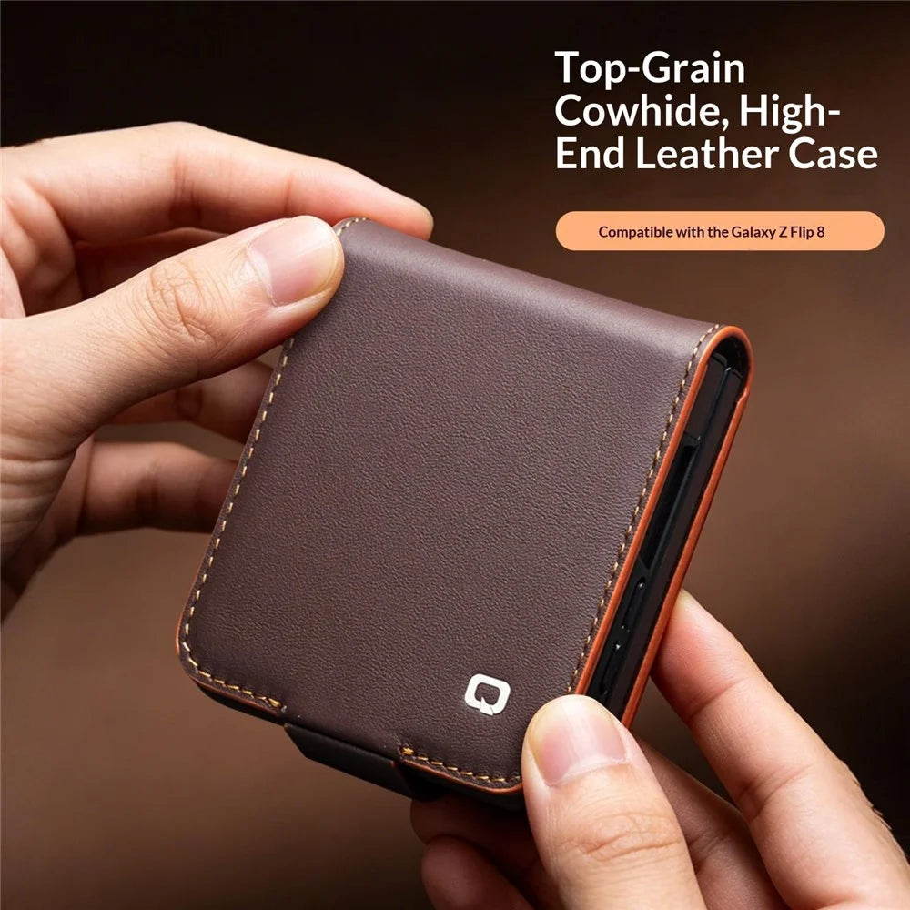 QIALINO For Samsung Galaxy Z Flip8 Case Card Holder Genuine Cow Leather Flip Phone Cover - Black - 7