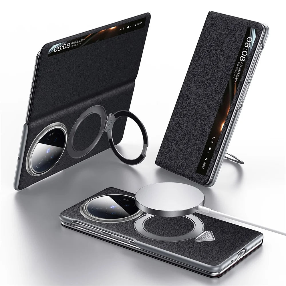 SULADA for vivo X Fold6 5G Magnetic Case Kickstand Genuine Cow Leather Phone Cover - Black - 1
