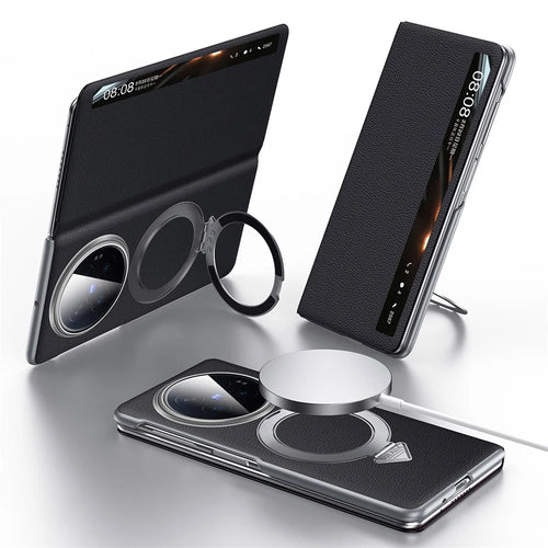 SULADA for vivo X Fold6 5G Magnetic Case Kickstand Genuine Cow Leather Phone Cover - Black - 1