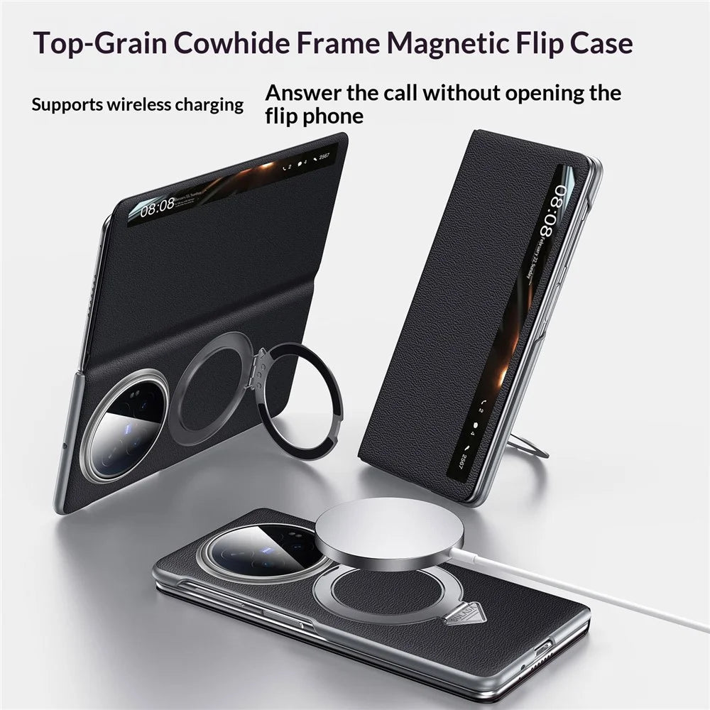 SULADA for vivo X Fold6 5G Magnetic Case Kickstand Genuine Cow Leather Phone Cover - Black - 3