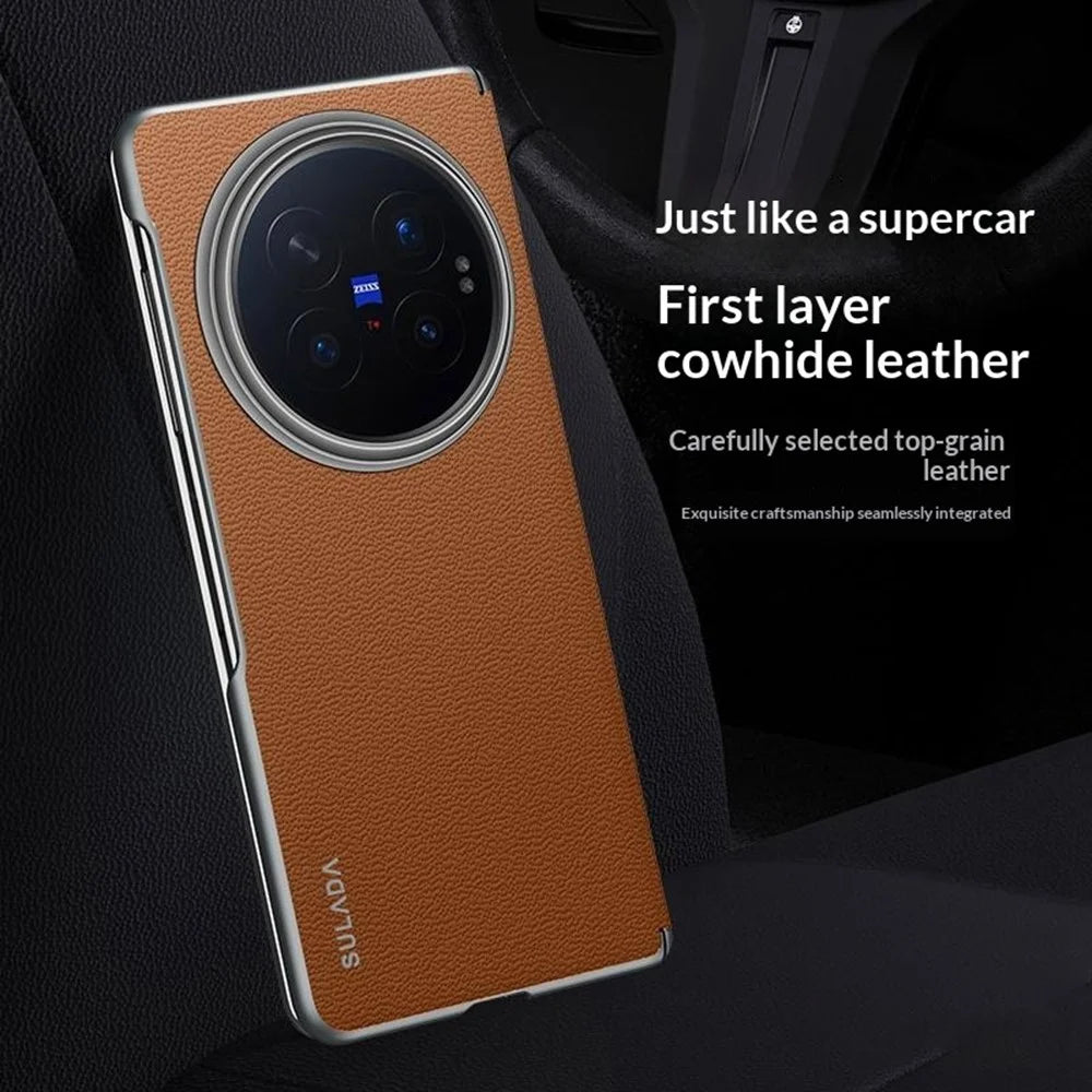 SULADA For vivo X Fold6 5G Case Genuine Cow Leather Frameless Phone Back Cover - Brown - 6
