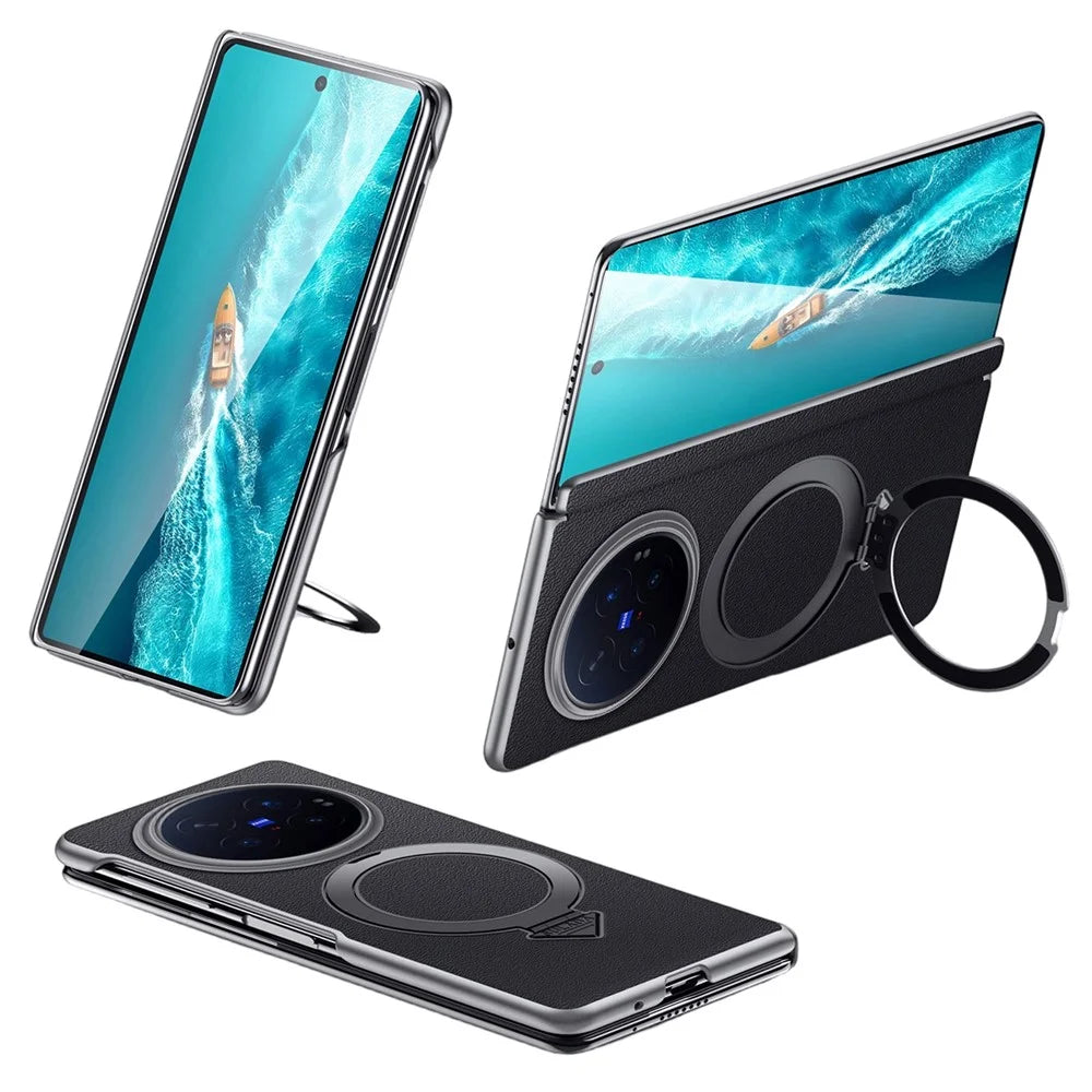 For vivo X Fold6 5G Magnetic Case Genuine Cow Leather + PC Kickstand Phone Cover - Black - 1