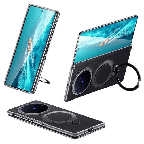 For vivo X Fold6 5G Magnetic Case Genuine Cow Leather + PC Kickstand Phone Cover - Black - 1